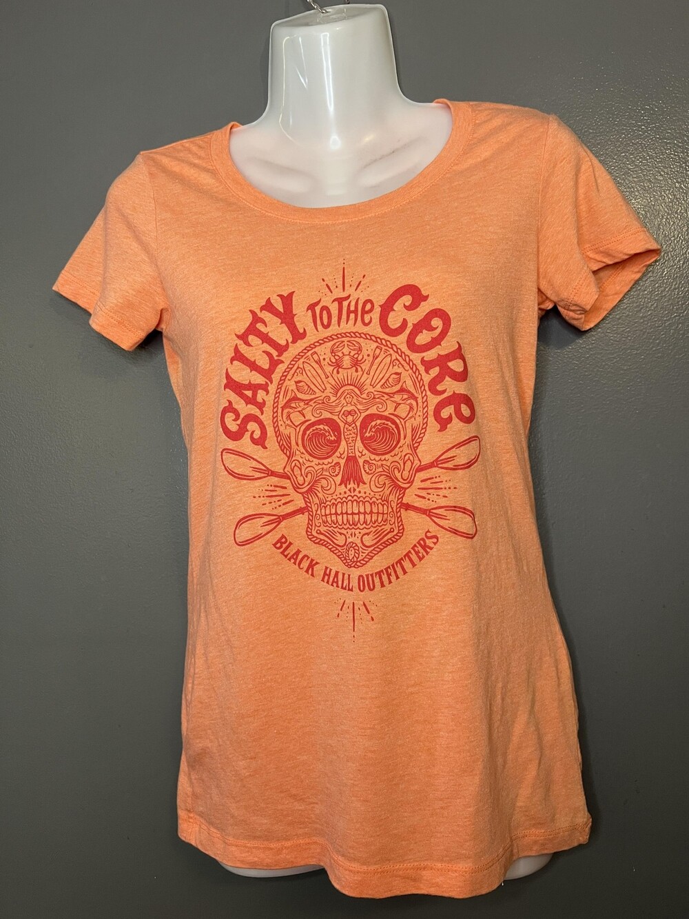 Salty To The Core Skull Tee Bella + Canvas Shirt Womens Small Orange Black Hall